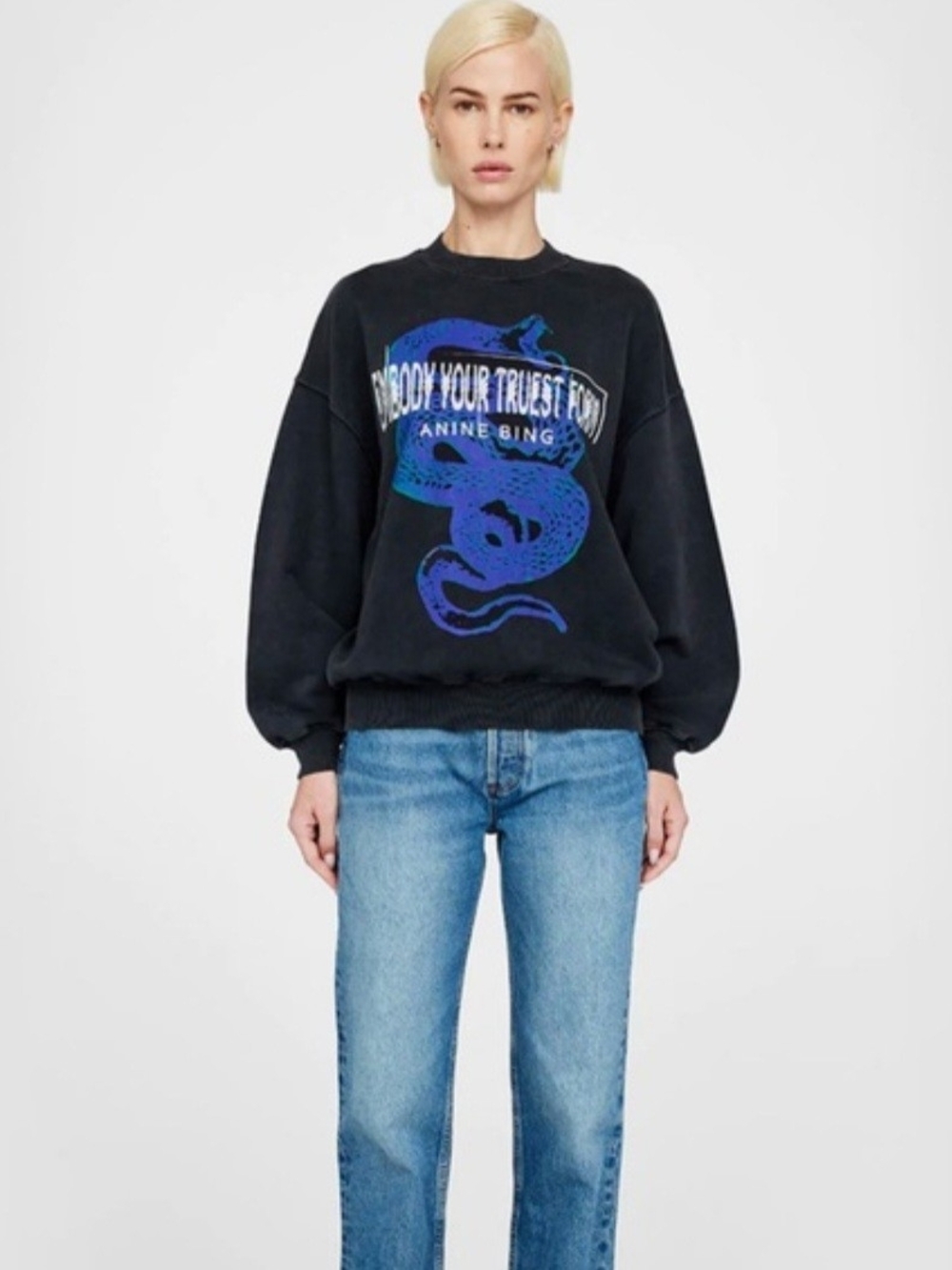Anine Bing Black Crewneck Sweater with Blue-Purple Snake Graphic